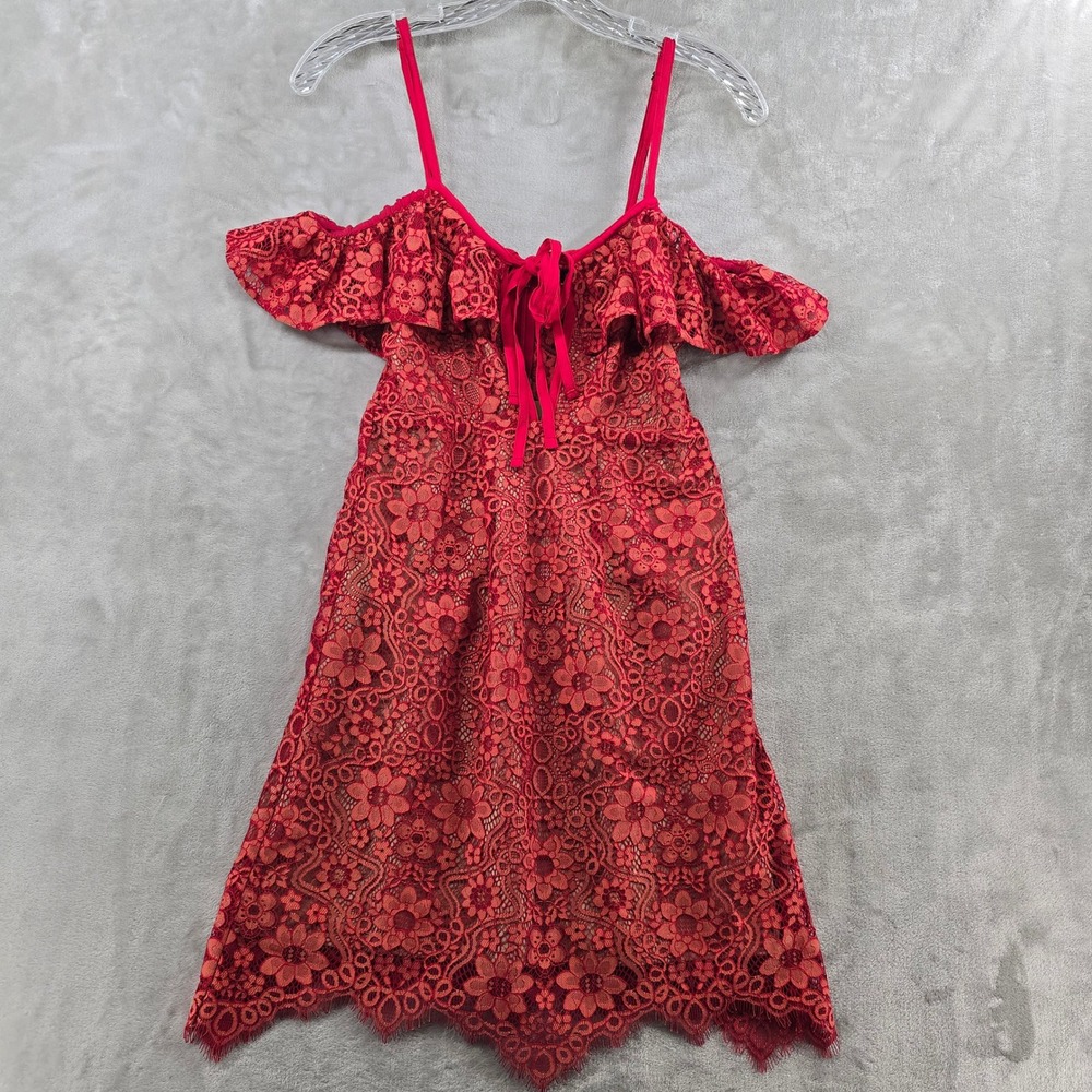 For Love & Lemons Womens XS Rosemary Mini Dress Red Lace Floral Cold Shoulder